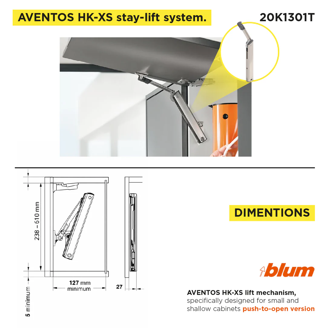 Aventos HK-XS Small Stay Lift, Lift Mechanism, PF=500-1200 (One-Sided Lift Mechanism), For TIP-ON, Nickel-Plated - Image 3