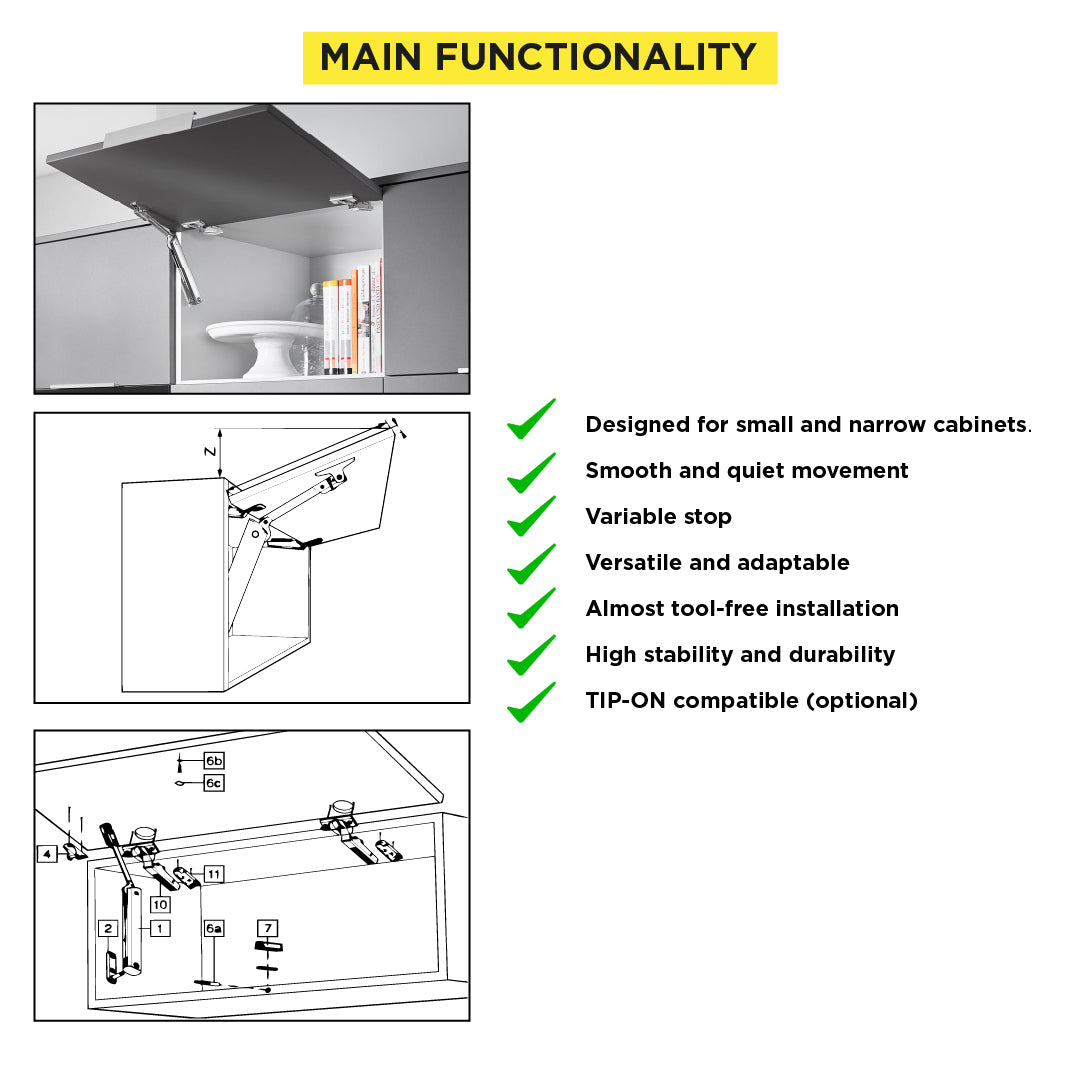 Aventos HK-XS Small Stay Lift, Lift Mechanism, PF=500-1200 (One-Sided Lift Mechanism), For TIP-ON, Nickel-Plated - Image 4