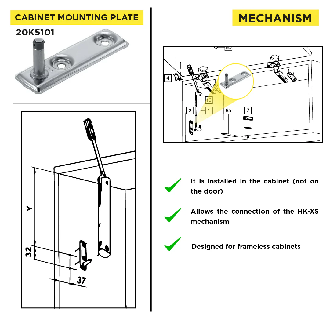 Aventos HK-XS Small Stay Lift, Cabinet Mounting Plate, Screw-On, Nickel-Plated - Image 4