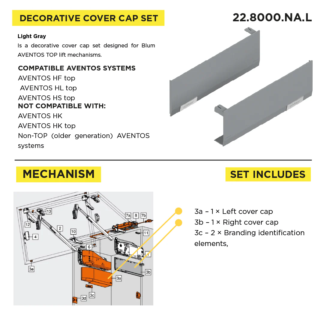 Cover Cap Set Aventos HF/Hs/HL Top, Plain, Right+Left, Light Gray/Stainless Steel Brushed - Image 3