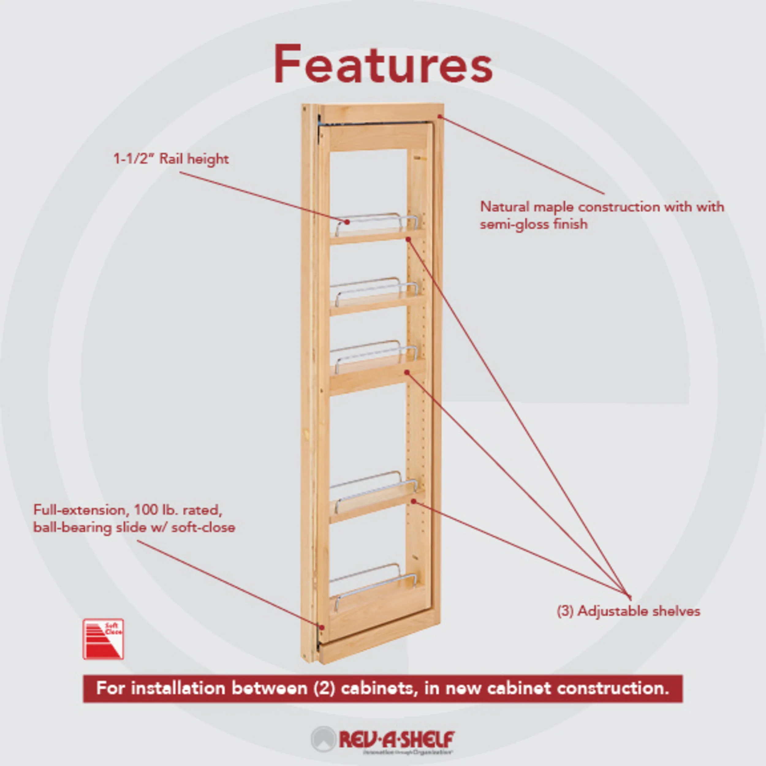 3 in. W x 42 in. H Pull-Out Between Cabinet Wall Filler w/Soft-Close Natural  3 in (76 mm) W x 11.13 in (283 mm) D x 42 in (1067 mm) H - Image 3
