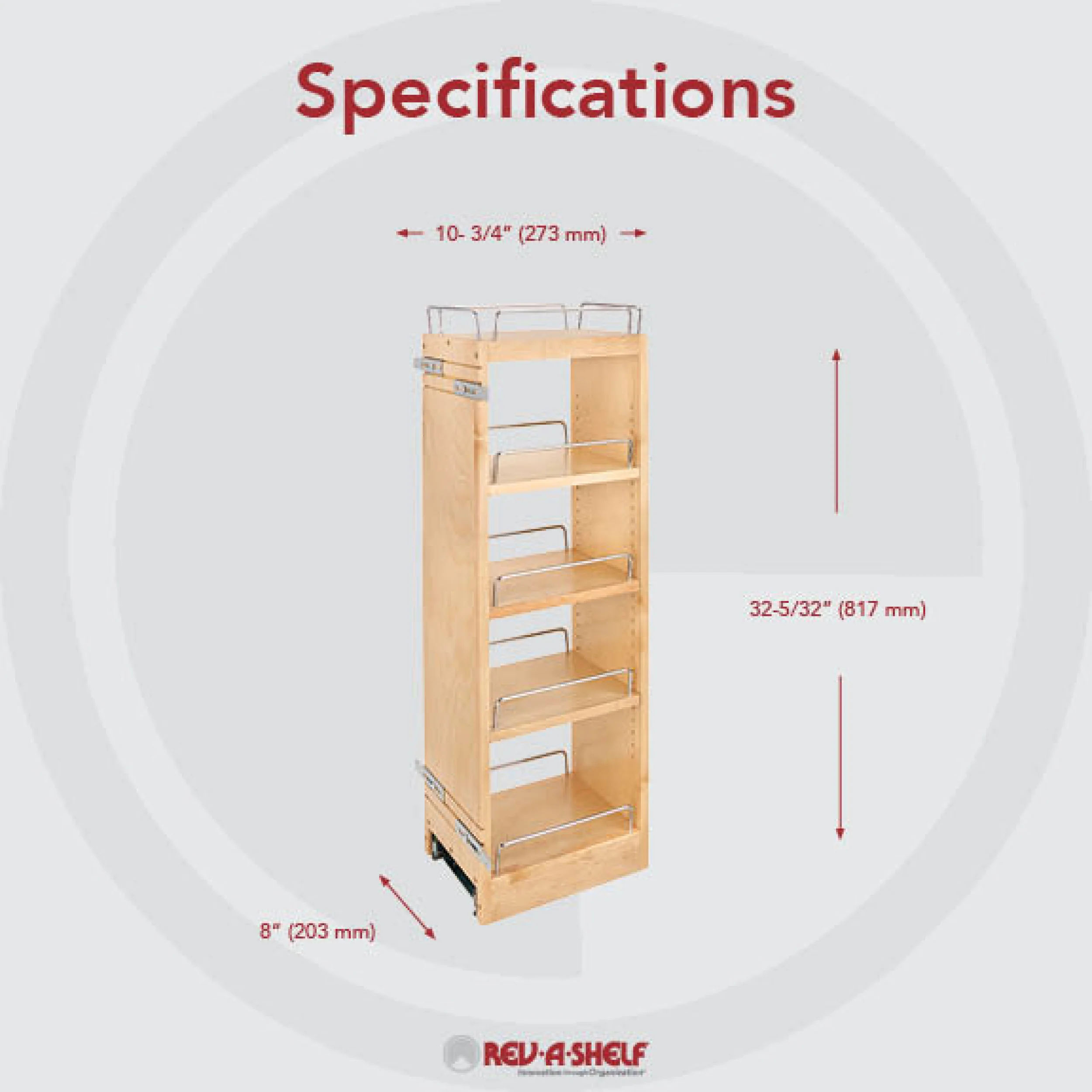 8 in x 36 in H Wood Pull Out Wall Organizer w/Soft Close Natural 8 in (203 mm) W x 10.75 in (273 mm) D x 32.15 in (817 mm) H - Image 2