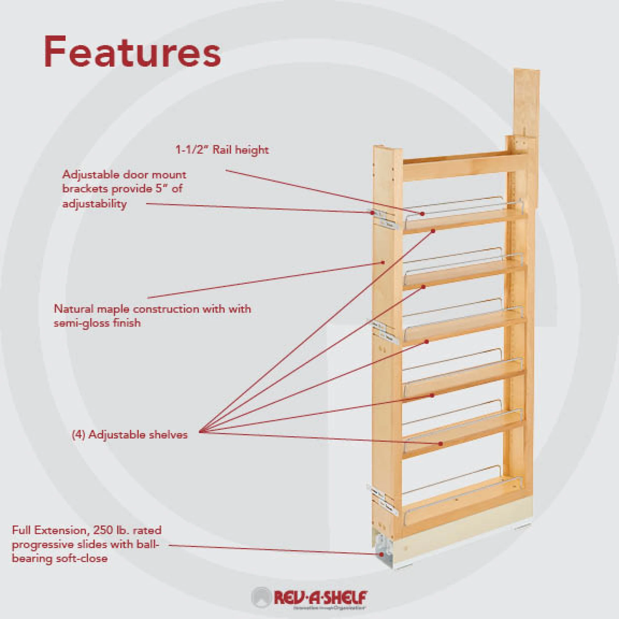 5 in W x 51 in H Wood Pantry Pullout Soft Close Natural  5 in (127 mm) W x 22 in (559 mm) D x 50.75 in (1289 mm) H - Image 4