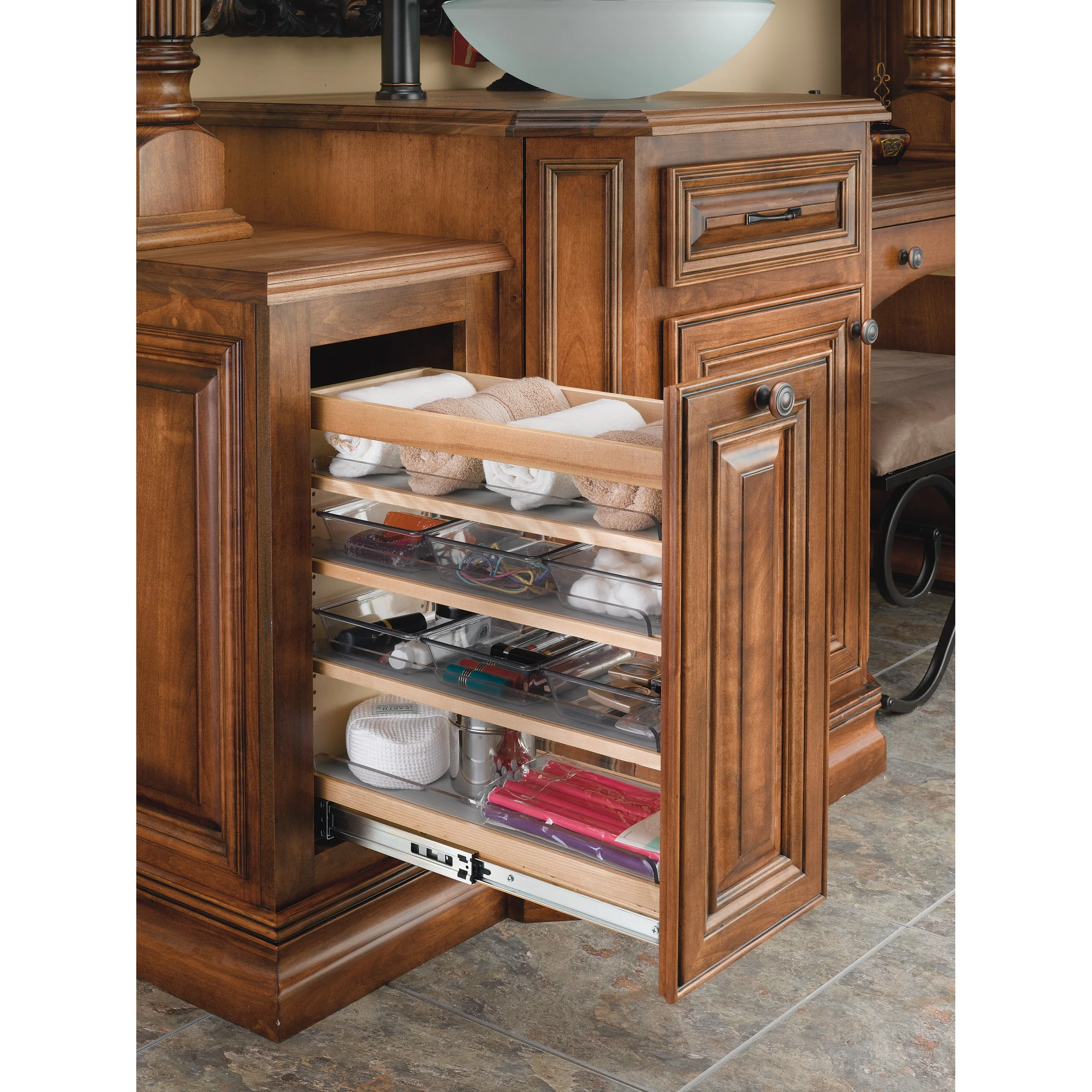 8 in W X 20 in H Wood Vanity Base Organizer w/Soft-Close Natural  8.44 in (214 mm) W x 19.56 in (497 mm) D x 20.38 in (518 mm) H - Image 2