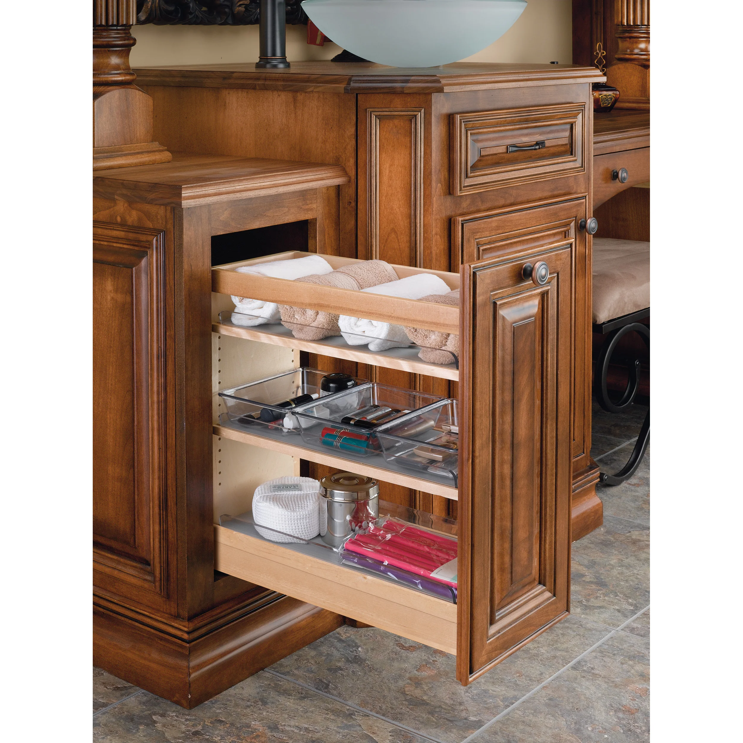 8 in W X 25 in H Wood Vanity Base Organizer w/Soft-Close Natural  8.44 in (214 mm) W x 19 in (483 mm) D x 25.56 in (649 mm) H - Image 4