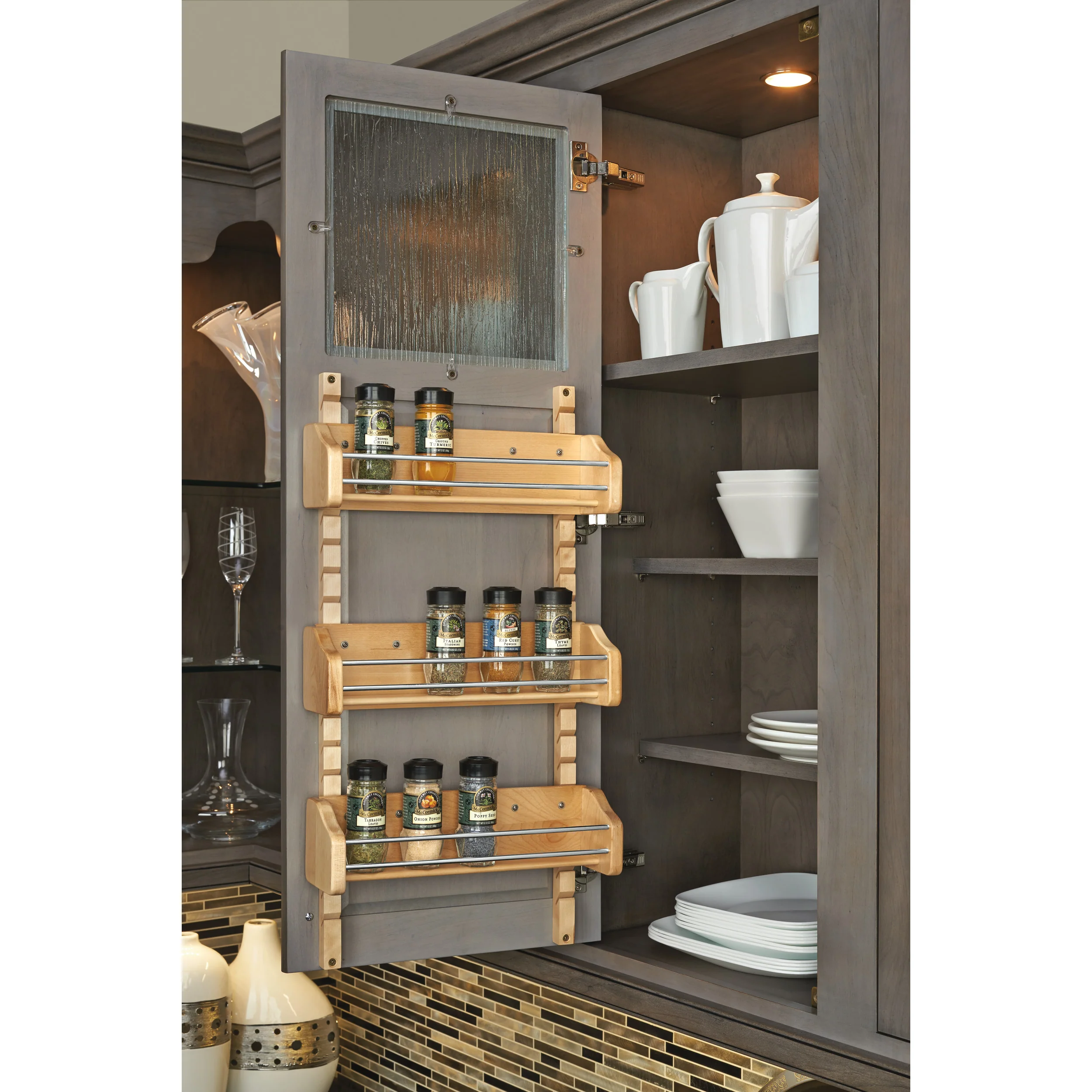 Small Adjustable Door mount Spice Rack Natural with 3 bins 10.13 in (257 mm) W x 4 in (102 mm) D x 25 in (635 mm) H - Image 2