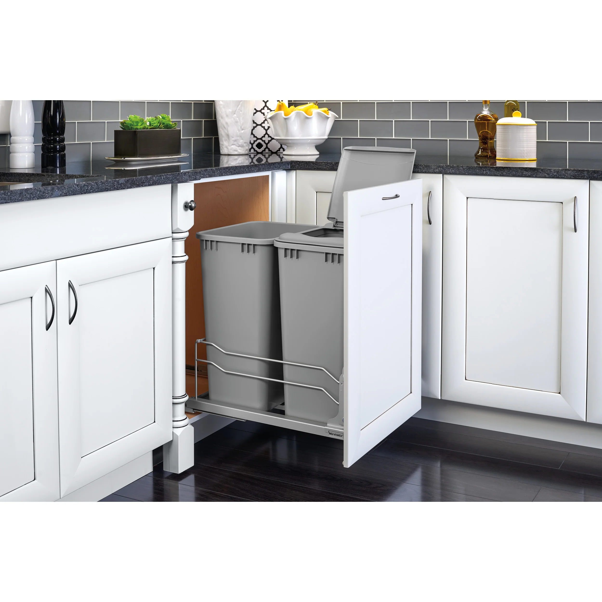 Double 50 Qrt Pull-out Waste Container Soft-Close Metallic Silver 14.75 in (375 mm) W x 22.25 in (565 mm) D x 22.88 in (581 mm) H - Image 11