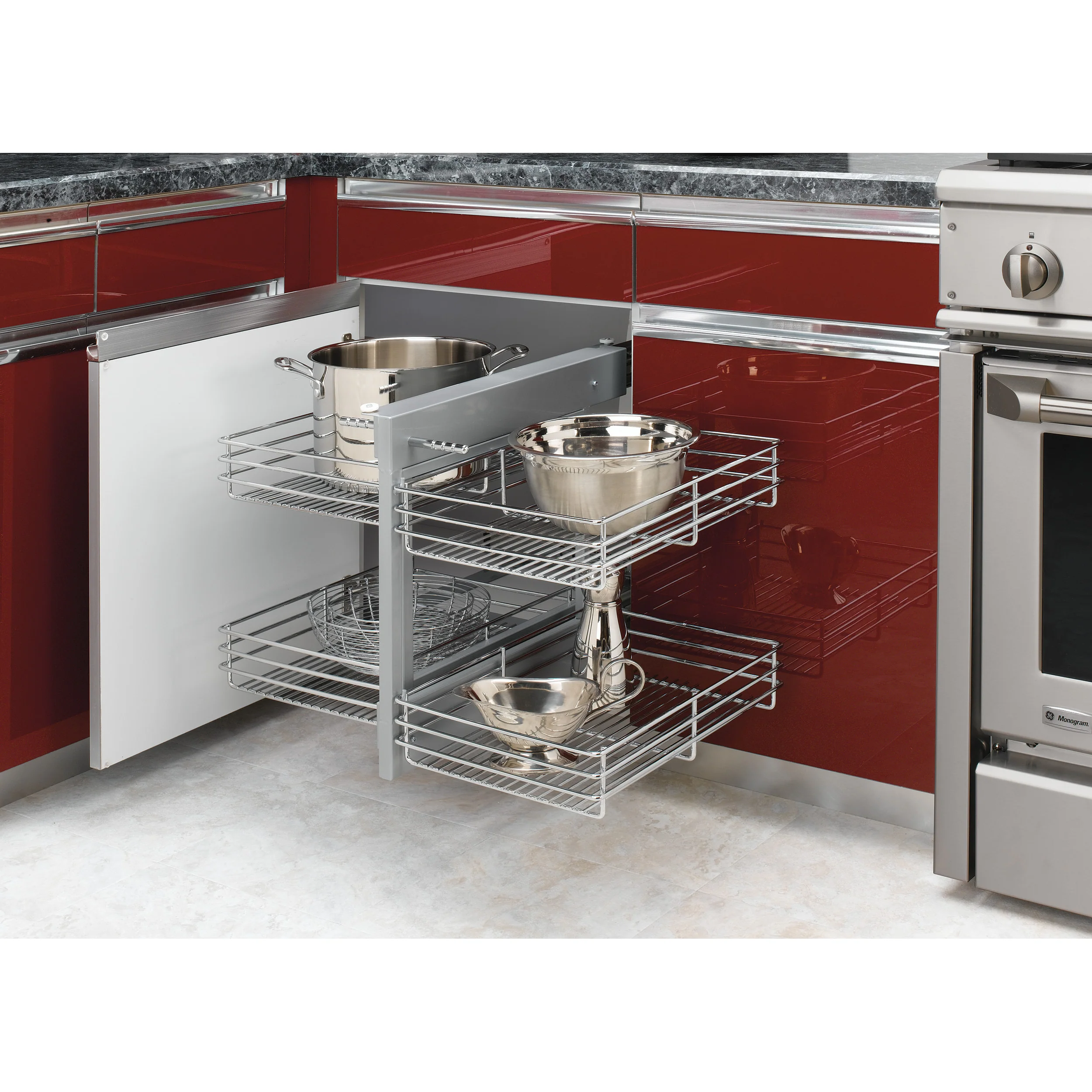 15 in Chrome Blind Corner Organizer Chrome 26.25 in (667 mm) W x 20.25 in (514 mm) D x 20.88 in (530 mm) H