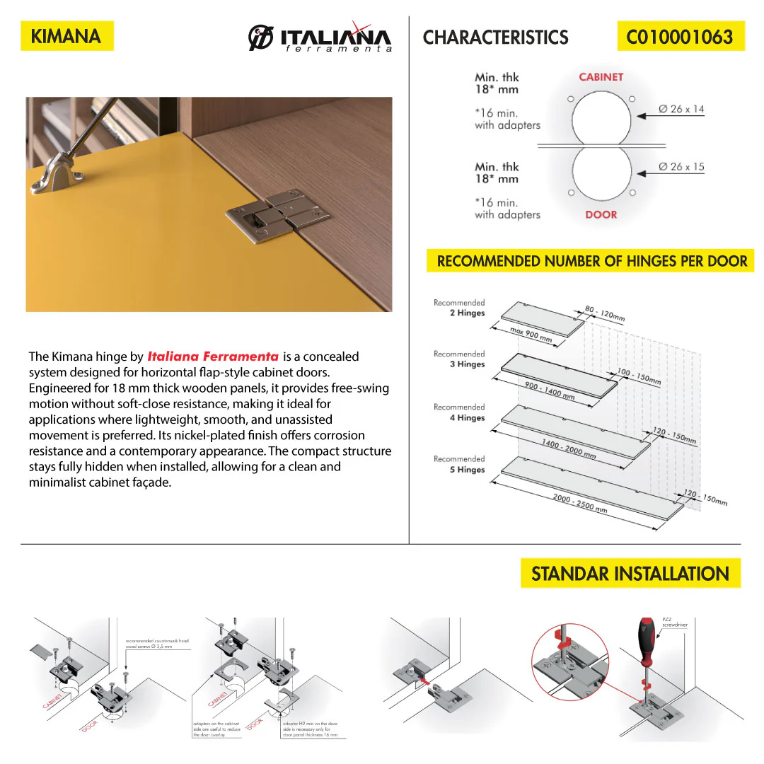 HINGE KIMANA ITALIANA FERRAMENTA FREE SWING FOR 18MM PANEL NICKEL - Image 6
