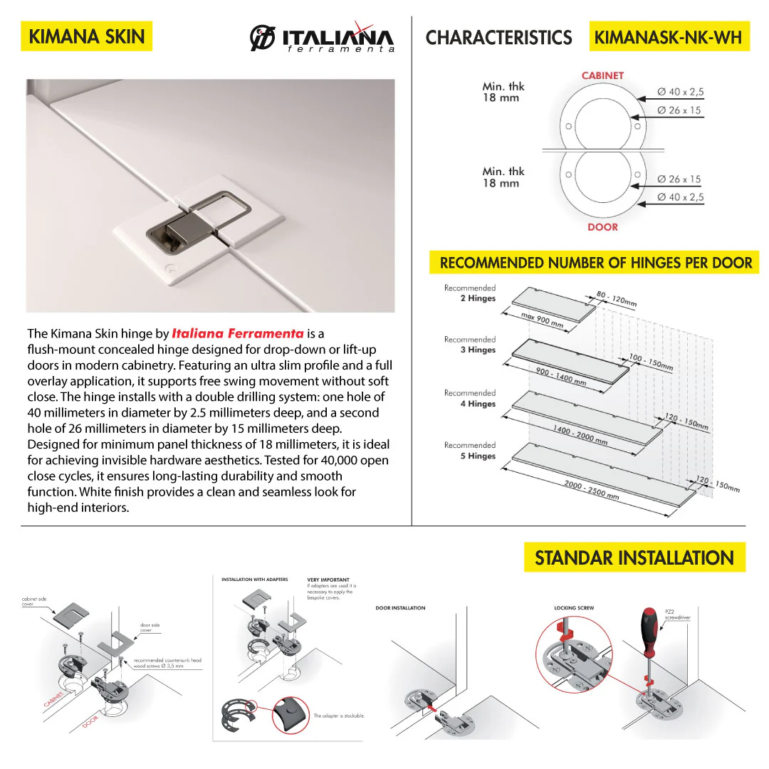 HINGE KIMANA SKIN ITALIANA FERRAMENTA FREE SWING FOR 18MM PANEL DOUBLE DRILL Ã˜40X2.5MM Ã˜26X15MM WHITE - Image 7