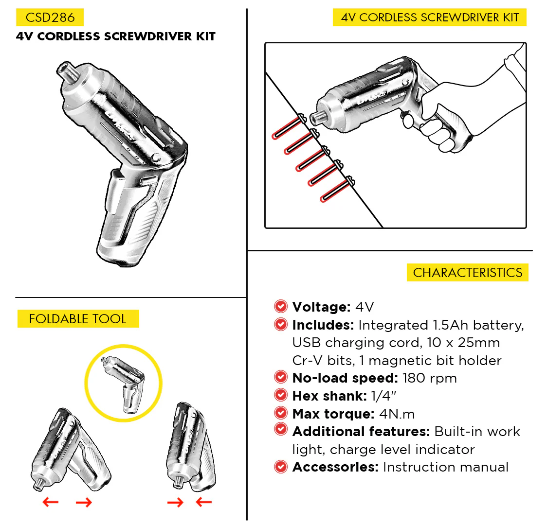 4V Cordless Screwdriver Kit with Integrated Battery - IMEX Power Tools - Image 2