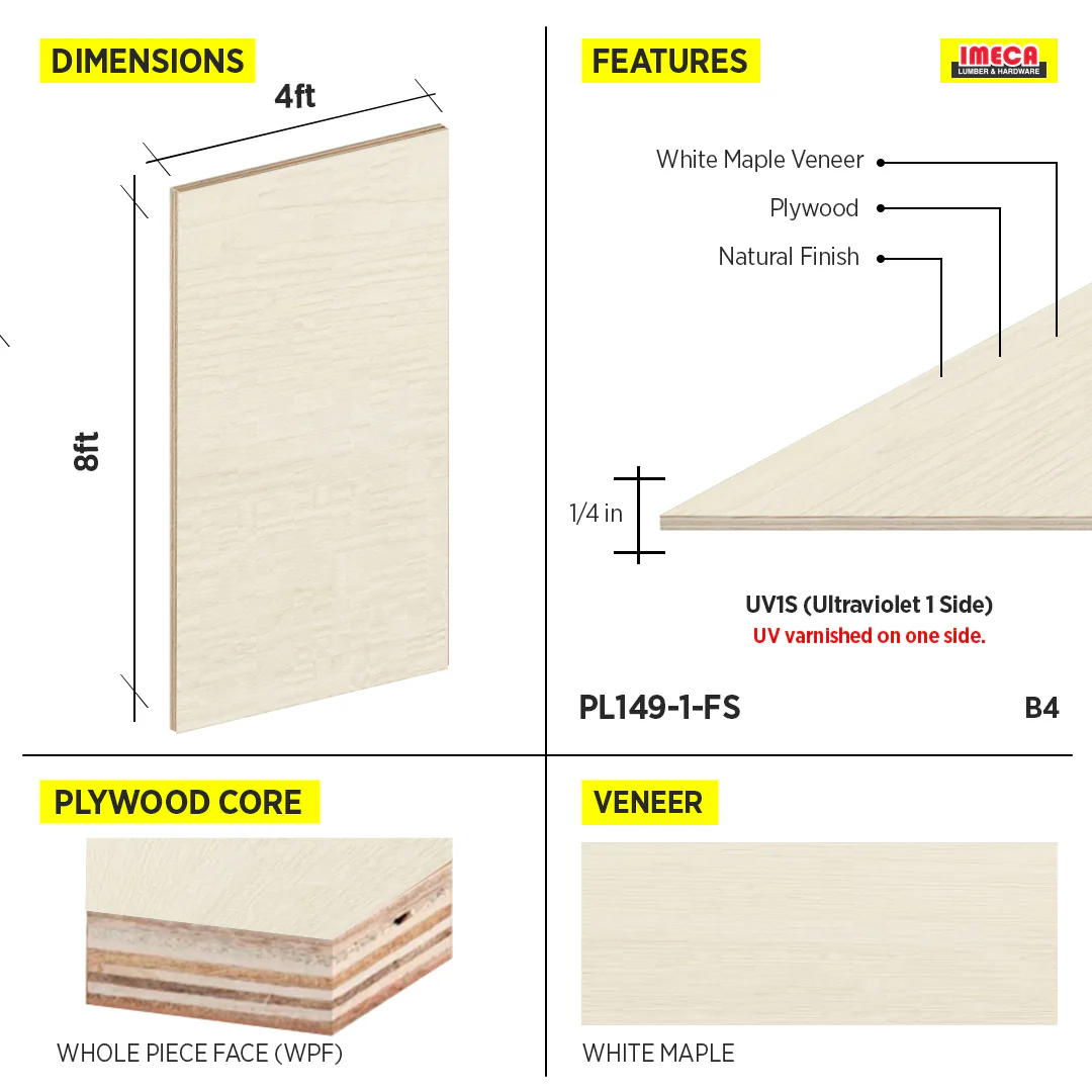 PLYWOOD WPF WHITE MAPLE VC UV1S 1/4 B-4 48.5"X96.5" - Image 2