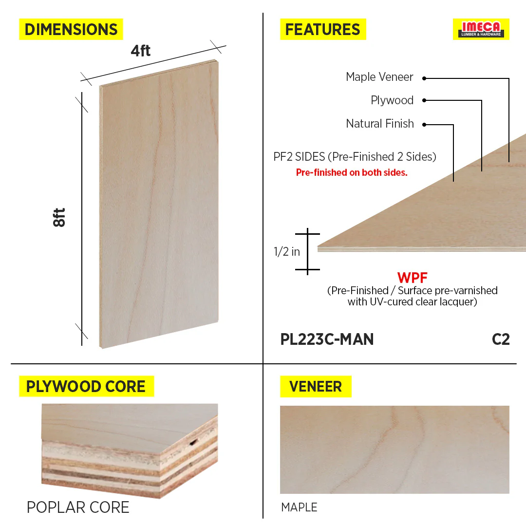 PLYWOOD MAPLE 1/2 C2 WPF PF2 SIDES POPLAR CORE 4X8 - Image 2