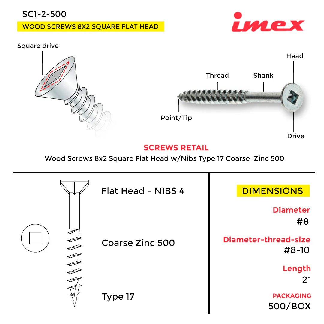 WOOD SCREWS IMEX SQUARE FLAT HEAD WITH NIBS #8 2" TYPE 17 COARSE ZINC 500 BOX - Image 2