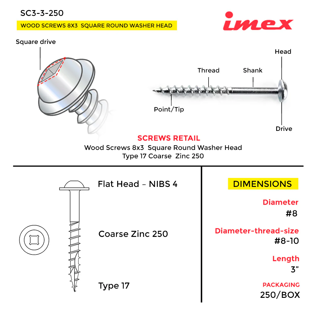 WOOD SCREWS IMEX SQUARE ROUND WASHER WITH NIBS #8 3" TYPE 17 COARSE ZINC 250 BOX - Image 3