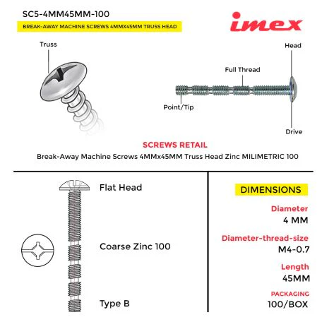 BREAK-AWAY MACHINE SCREWS 4MMX45MM TRUSS HEAD ZINC MILIMETRIC 100 - Image 3